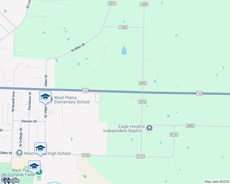 map of restaurants, bars, coffee shops, grocery stores, and more near Joe Jones Boulevard in West Plains