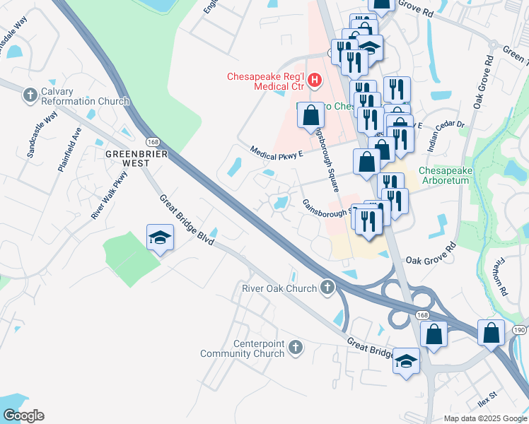 map of restaurants, bars, coffee shops, grocery stores, and more near 405 Camberley Way in Chesapeake