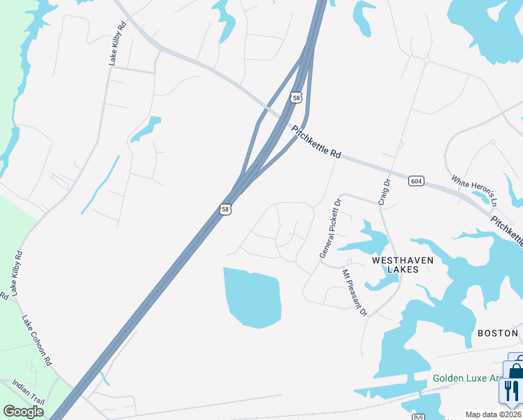 map of restaurants, bars, coffee shops, grocery stores, and more near 416 Terrywood Drive in Suffolk