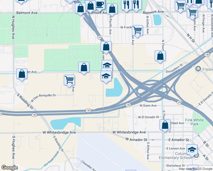 map of restaurants, bars, coffee shops, grocery stores, and more near 11 South Teilman Avenue in Fresno