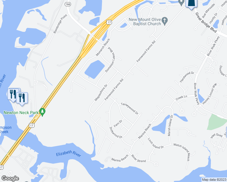 map of restaurants, bars, coffee shops, grocery stores, and more near 409 Fernwood Farms Road in Chesapeake