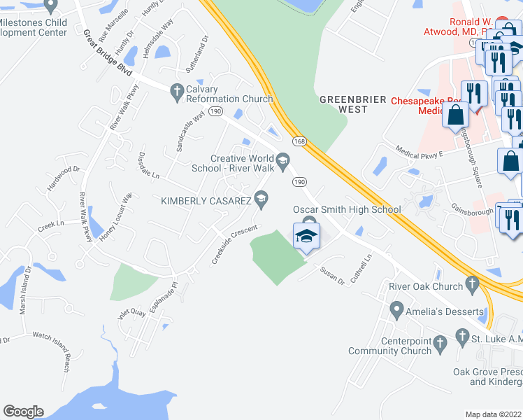 map of restaurants, bars, coffee shops, grocery stores, and more near 619 Creekside Court in Chesapeake