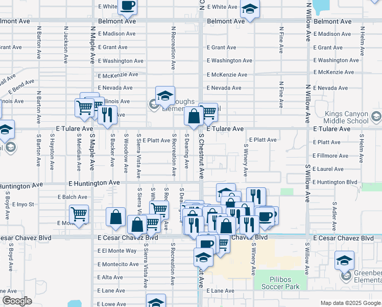 map of restaurants, bars, coffee shops, grocery stores, and more near 251 South Dearing Avenue in Fresno