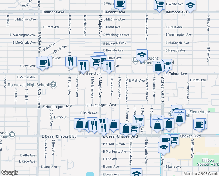 map of restaurants, bars, coffee shops, grocery stores, and more near 249 South Backer Avenue in Fresno