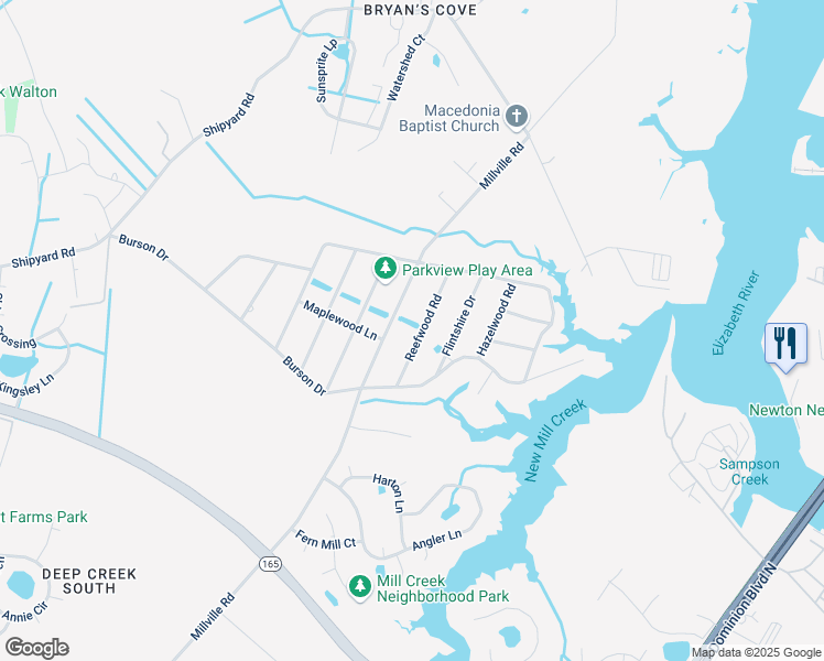 map of restaurants, bars, coffee shops, grocery stores, and more near 1952 Reefwood Road in Chesapeake