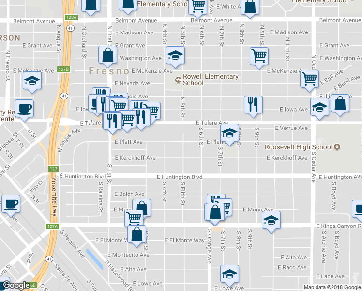 map of restaurants, bars, coffee shops, grocery stores, and more near 3462 East Platt Avenue in Fresno
