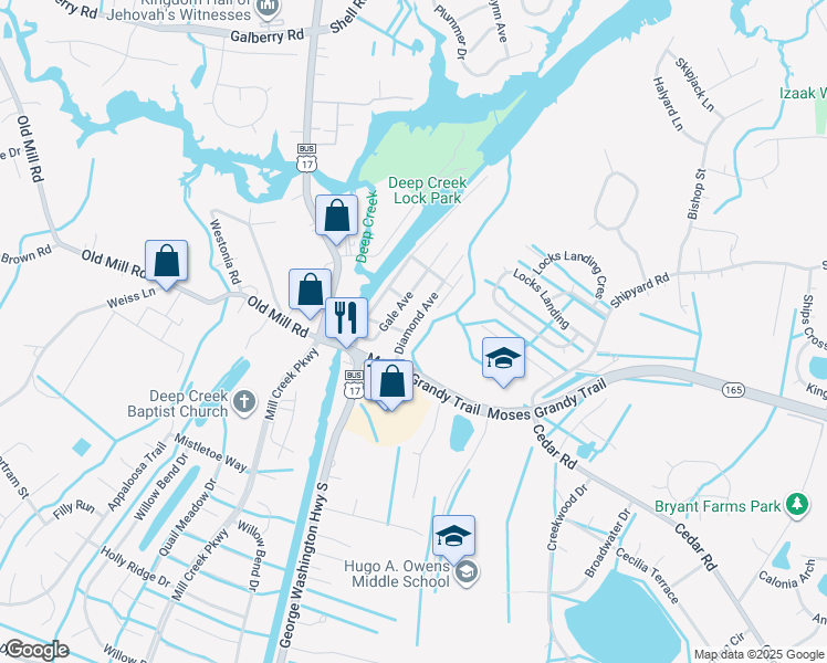map of restaurants, bars, coffee shops, grocery stores, and more near 104 Diamond Avenue in Chesapeake