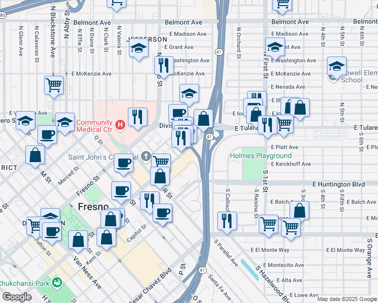 map of restaurants, bars, coffee shops, grocery stores, and more near 2926 Tulare Avenue in Fresno
