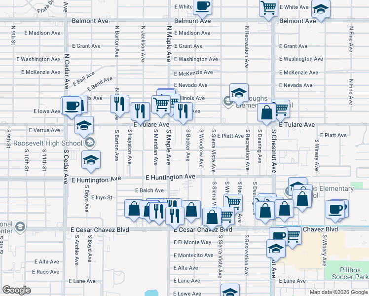 map of restaurants, bars, coffee shops, grocery stores, and more near 249 South Backer Avenue in Fresno