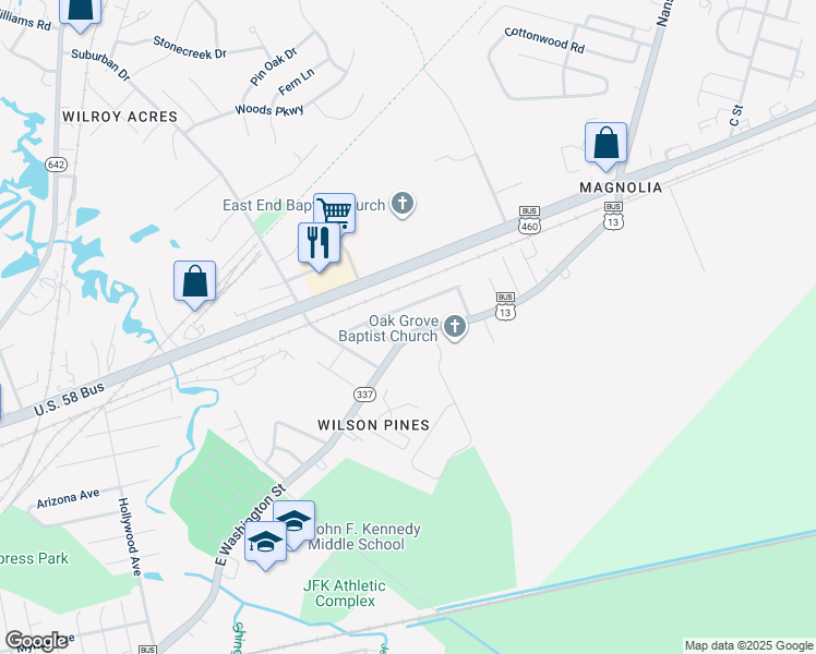 map of restaurants, bars, coffee shops, grocery stores, and more near 2620 East Washington Street in Suffolk