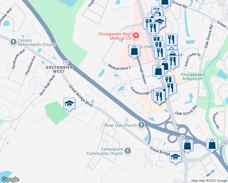 map of restaurants, bars, coffee shops, grocery stores, and more near 317 Wimbledon Chase in Chesapeake
