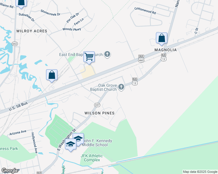 map of restaurants, bars, coffee shops, grocery stores, and more near 2620 East Washington Street in Suffolk