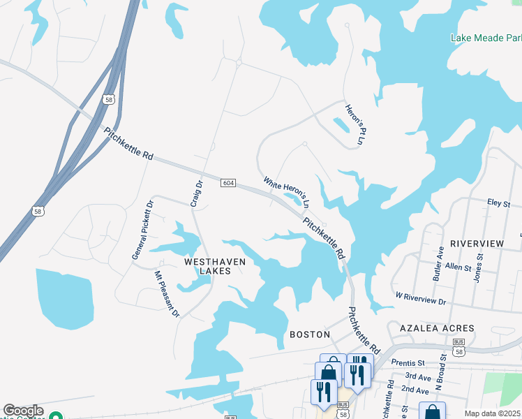 map of restaurants, bars, coffee shops, grocery stores, and more near 1045 Pitchkettle Road in Suffolk