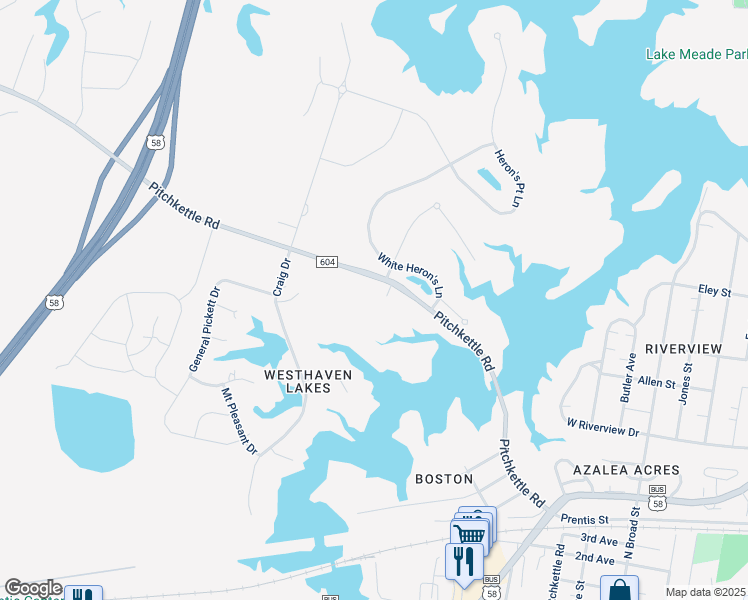 map of restaurants, bars, coffee shops, grocery stores, and more near 1045 Pitchkettle Road in Suffolk