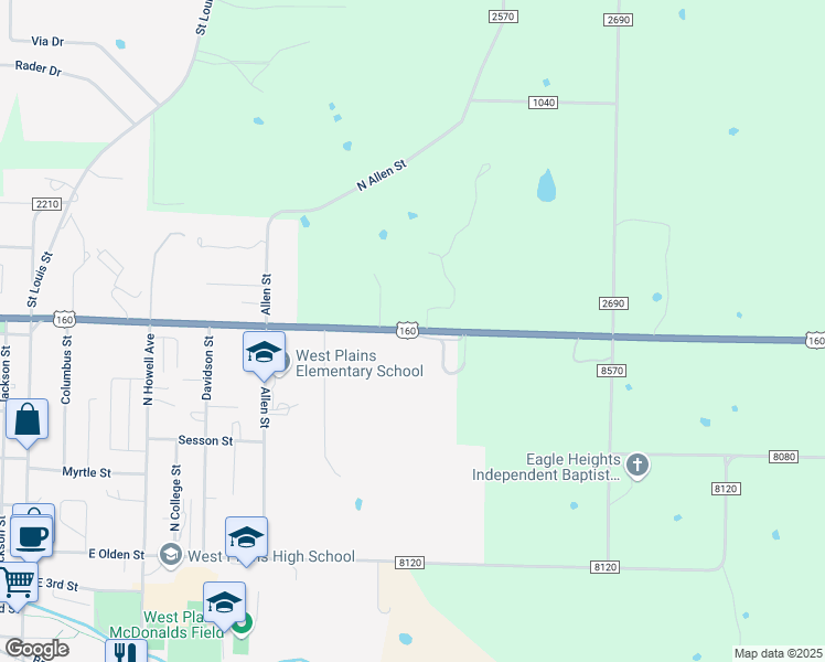 map of restaurants, bars, coffee shops, grocery stores, and more near Joe Jones Boulevard in West Plains