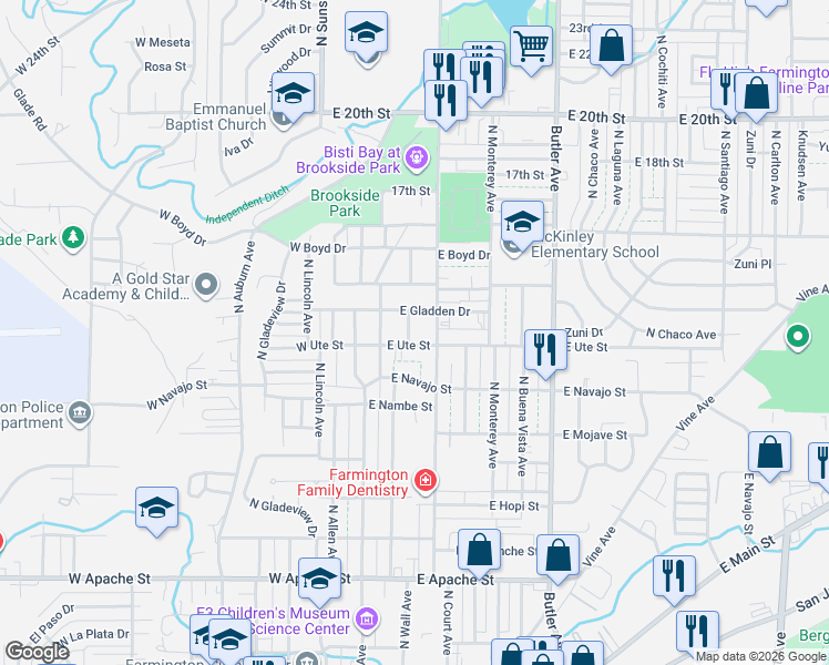 map of restaurants, bars, coffee shops, grocery stores, and more near 207 East Ute Street in Farmington