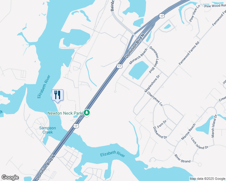 map of restaurants, bars, coffee shops, grocery stores, and more near 1204 Monarch Reach in Chesapeake