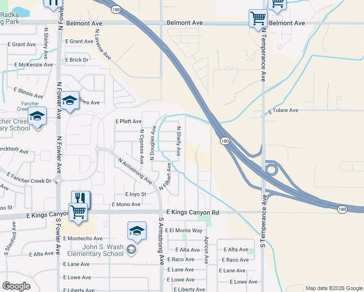 map of restaurants, bars, coffee shops, grocery stores, and more near 296 North Shelly Avenue in Fresno