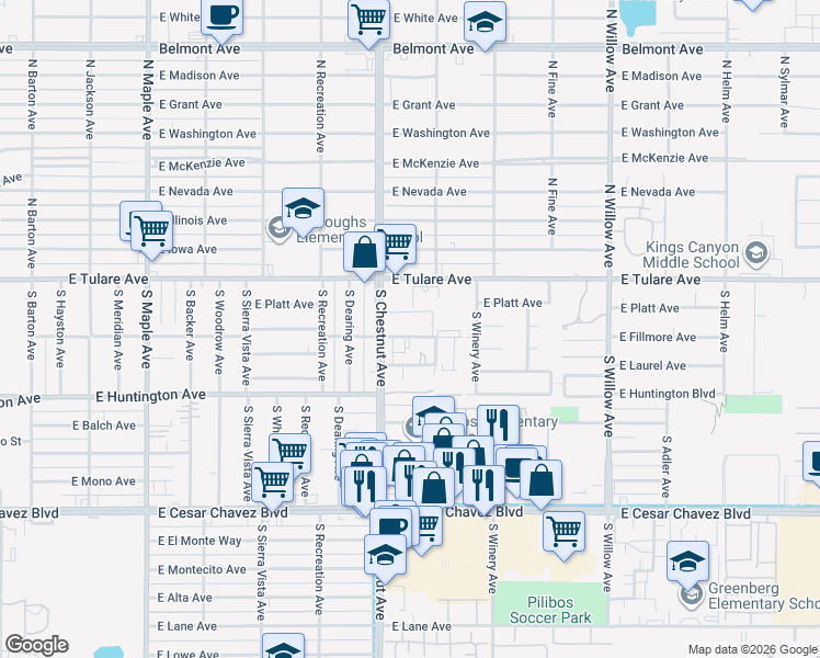 map of restaurants, bars, coffee shops, grocery stores, and more near 202 South Garden Avenue in Fresno