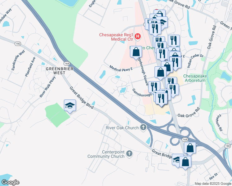 map of restaurants, bars, coffee shops, grocery stores, and more near 317 Wimbledon Chase in Chesapeake