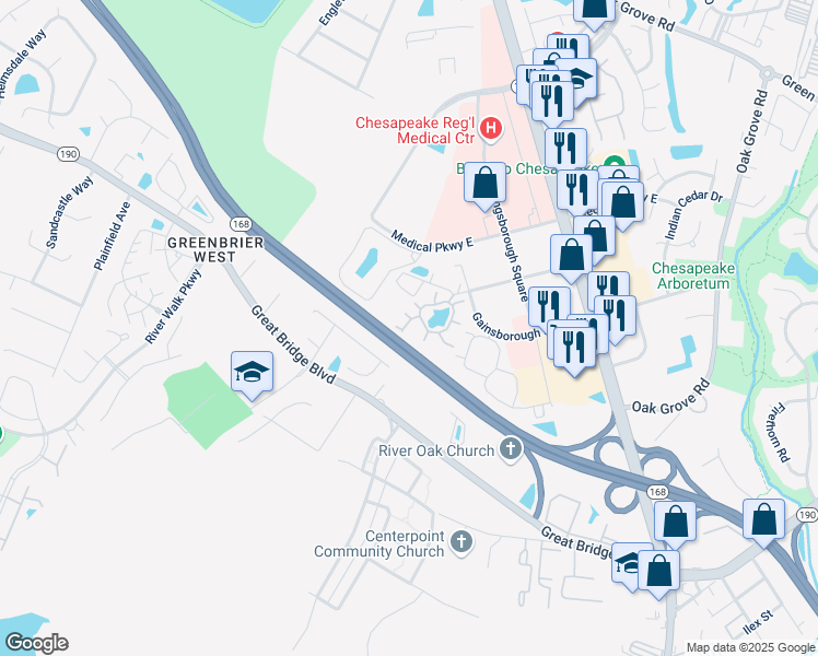 map of restaurants, bars, coffee shops, grocery stores, and more near 308 Jake Lane in Chesapeake