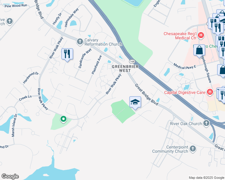 map of restaurants, bars, coffee shops, grocery stores, and more near 642 Creekside Court in Chesapeake