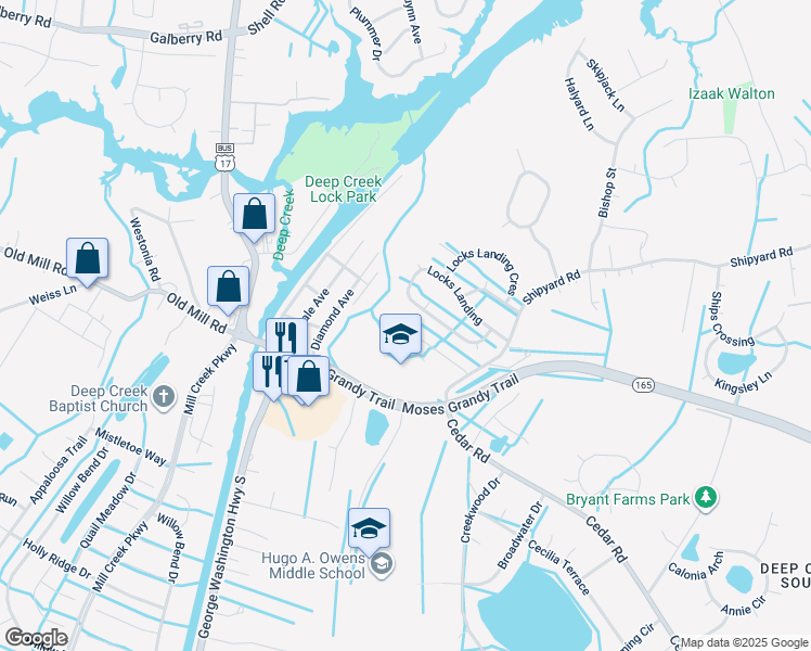 map of restaurants, bars, coffee shops, grocery stores, and more near 2840 Cedar Cove Lane in Chesapeake