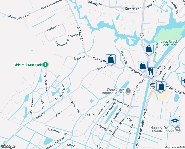 map of restaurants, bars, coffee shops, grocery stores, and more near 3225 Weiss Lane in Chesapeake