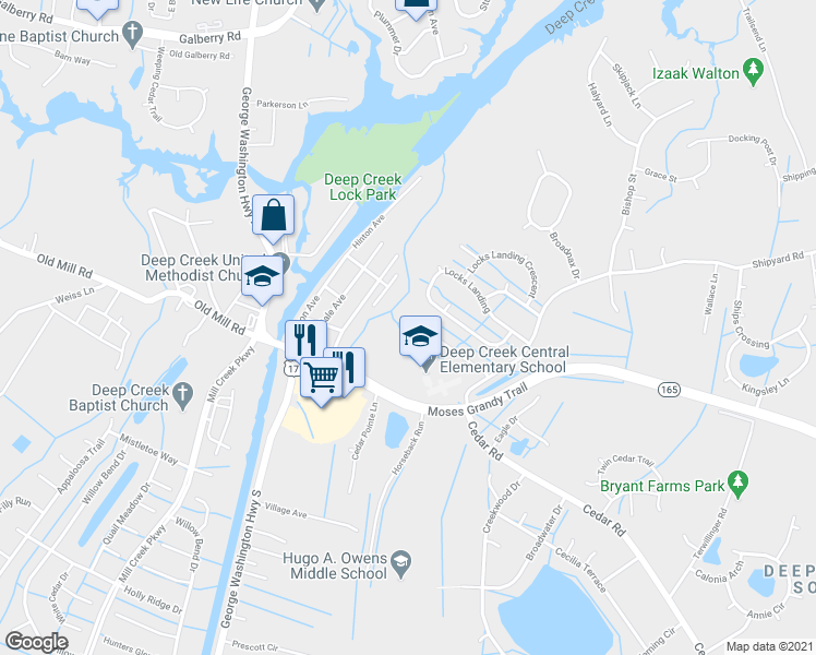 map of restaurants, bars, coffee shops, grocery stores, and more near 2849 Cedar Cove Lane in Chesapeake