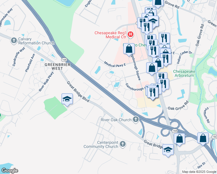 map of restaurants, bars, coffee shops, grocery stores, and more near 405 Camberley Way in Chesapeake