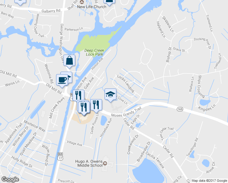 map of restaurants, bars, coffee shops, grocery stores, and more near 2836 Cedar Cove Lane in Chesapeake