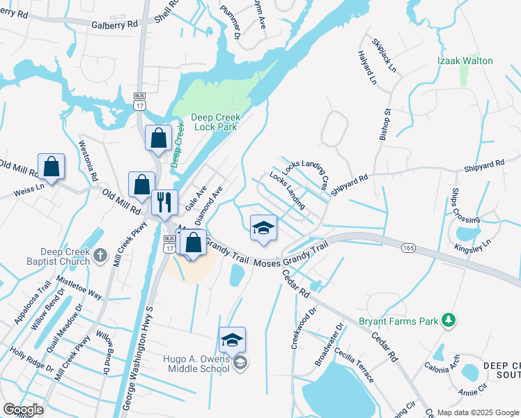 map of restaurants, bars, coffee shops, grocery stores, and more near 2836 Cedar Cove Lane in Chesapeake