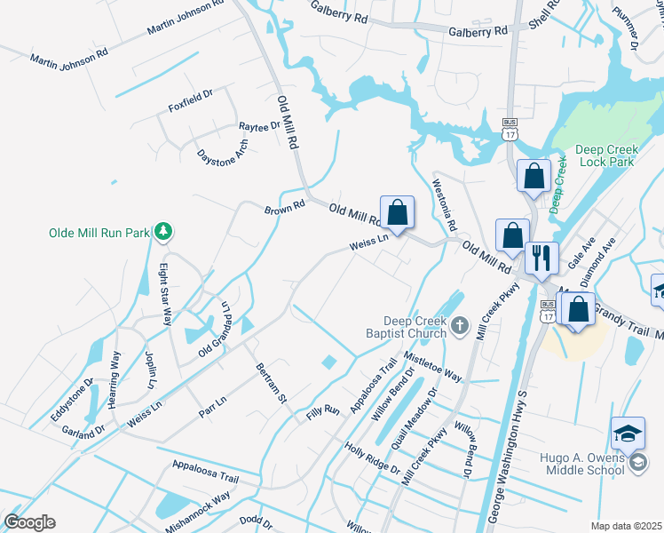 map of restaurants, bars, coffee shops, grocery stores, and more near 3225 Weiss Lane in Chesapeake