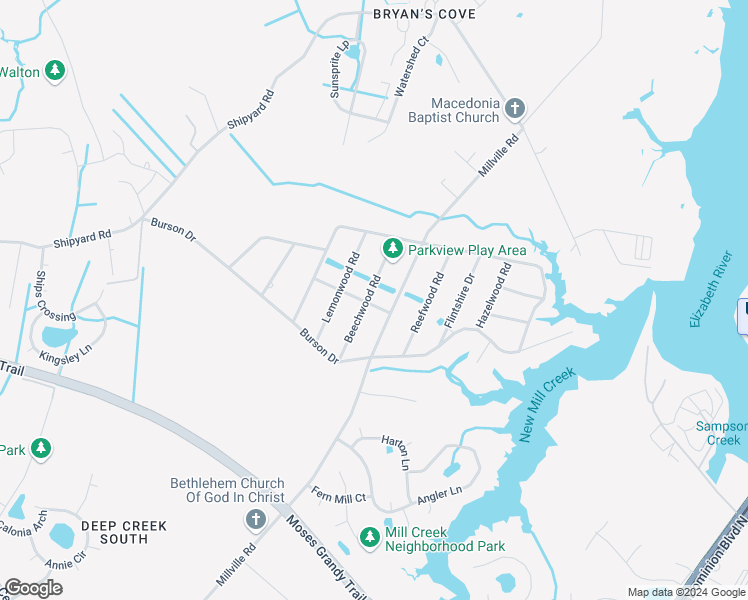 map of restaurants, bars, coffee shops, grocery stores, and more near 1941 Beechwood Road in Chesapeake