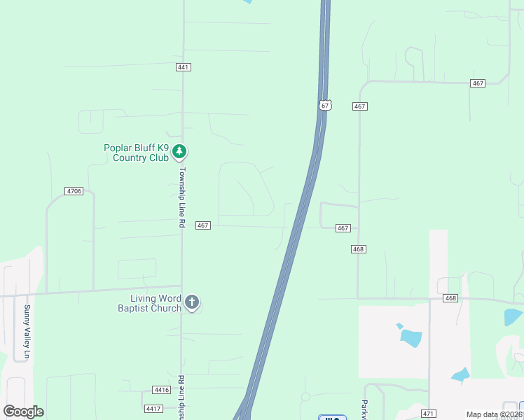 map of restaurants, bars, coffee shops, grocery stores, and more near 111 County Road 467 in Poplar Bluff