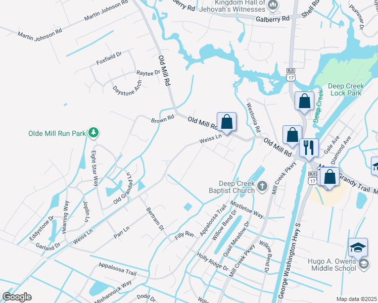 map of restaurants, bars, coffee shops, grocery stores, and more near 3225 Weiss Lane in Chesapeake