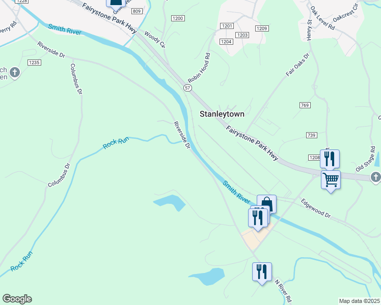 map of restaurants, bars, coffee shops, grocery stores, and more near 975 Riverside Drive in Bassett