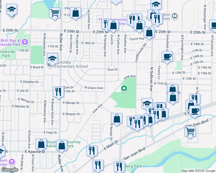 map of restaurants, bars, coffee shops, grocery stores, and more near 1125 East Ute Street in Farmington
