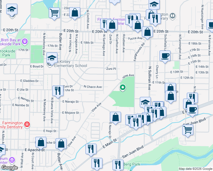 map of restaurants, bars, coffee shops, grocery stores, and more near 1125 East Ute Street in Farmington