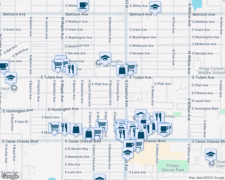 map of restaurants, bars, coffee shops, grocery stores, and more near 4757 East Kerckhoff Avenue in Fresno