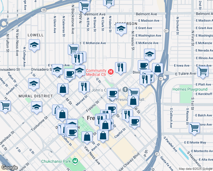 map of restaurants, bars, coffee shops, grocery stores, and more near 2641 Fresno Street in Fresno
