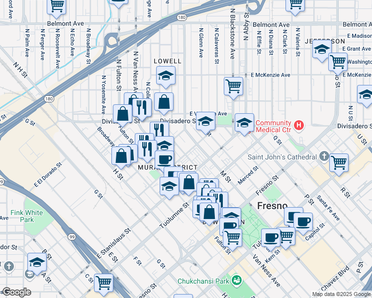 map of restaurants, bars, coffee shops, grocery stores, and more near 1546 L Street in Fresno