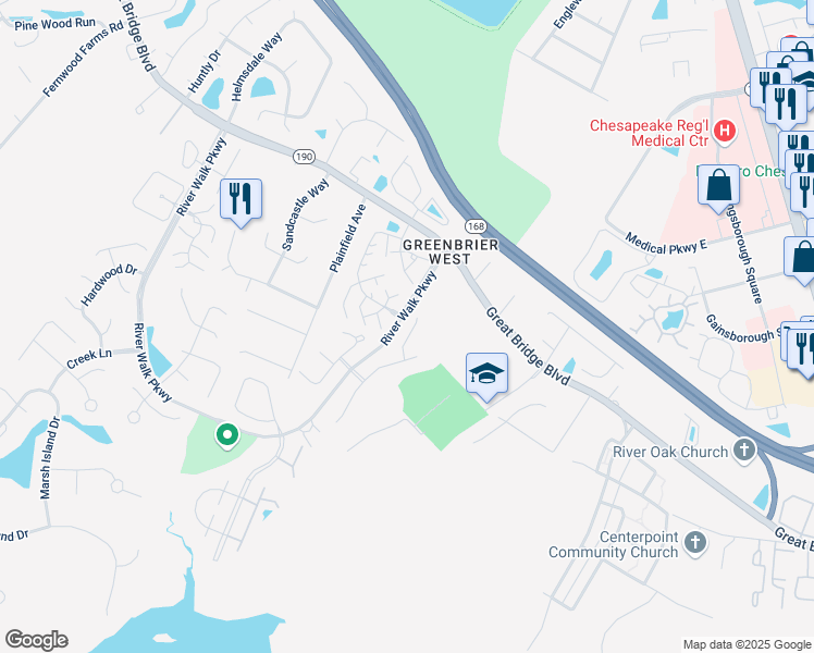 map of restaurants, bars, coffee shops, grocery stores, and more near 642 Creekside Court in Chesapeake