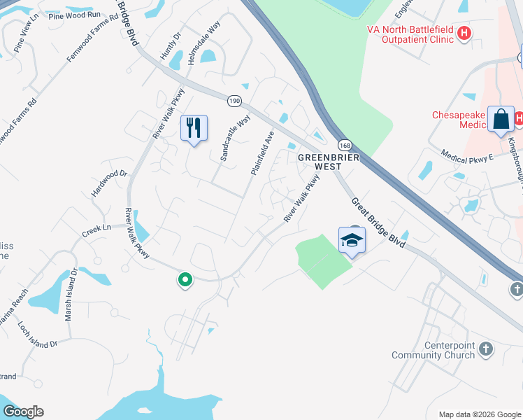 map of restaurants, bars, coffee shops, grocery stores, and more near 505 Renaissance Court in Chesapeake