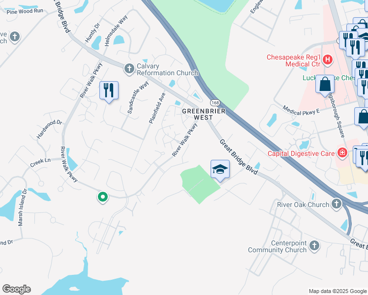 map of restaurants, bars, coffee shops, grocery stores, and more near 642 Creekside Court in Chesapeake