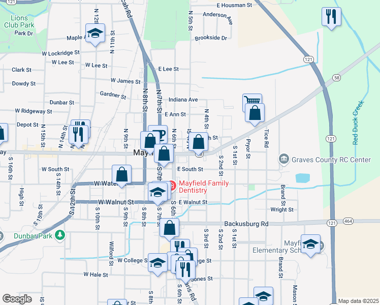 map of restaurants, bars, coffee shops, grocery stores, and more near 301 East Broadway in Mayfield