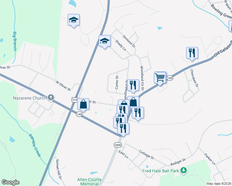 map of restaurants, bars, coffee shops, grocery stores, and more near 128 Southwest Circle in Scottsville
