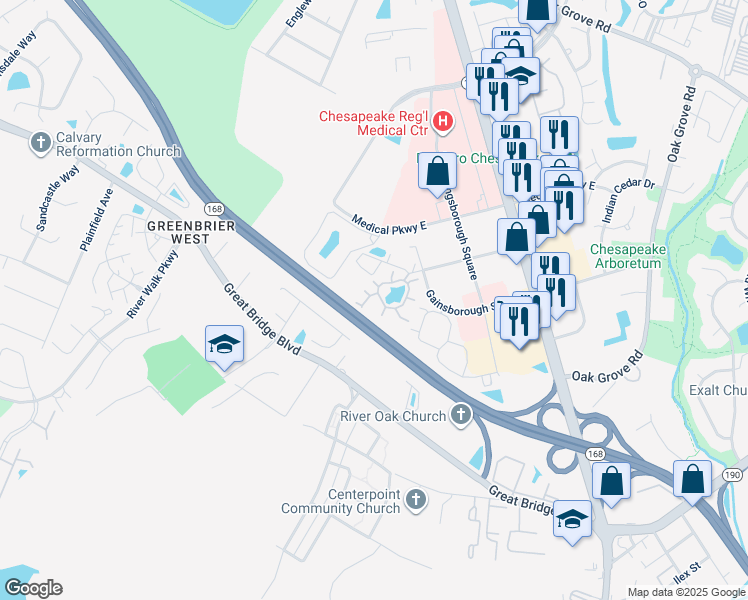 map of restaurants, bars, coffee shops, grocery stores, and more near 401 Camberley Way in Chesapeake