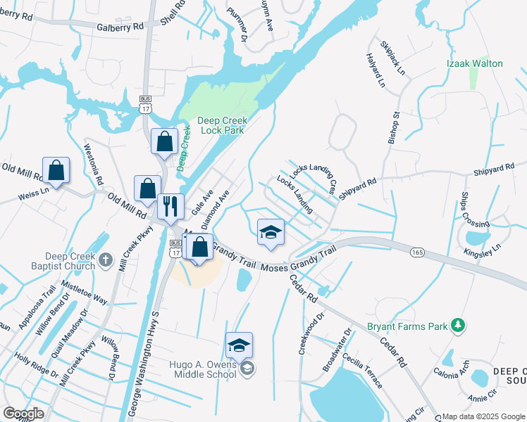 map of restaurants, bars, coffee shops, grocery stores, and more near 2840 Cedar Cove Lane in Chesapeake