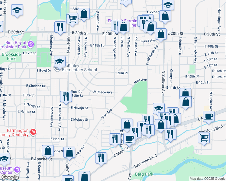 map of restaurants, bars, coffee shops, grocery stores, and more near 1100 North Chaco Avenue in Farmington